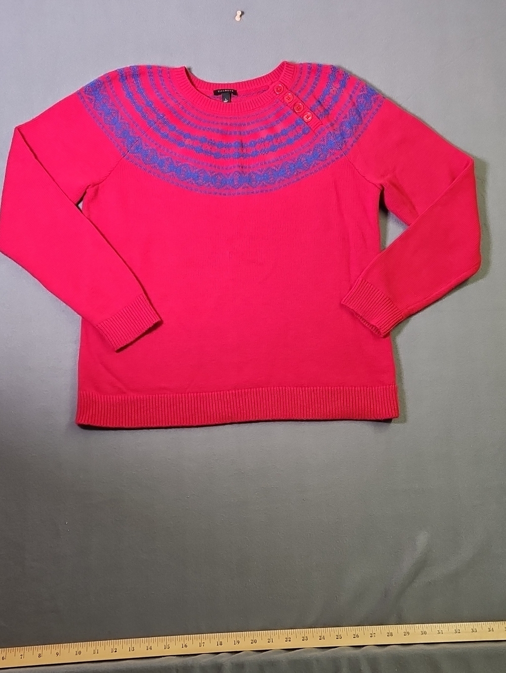 Red Talbots Fair Isle Lambswool Blend Sweater featuring a blue patterned yoke